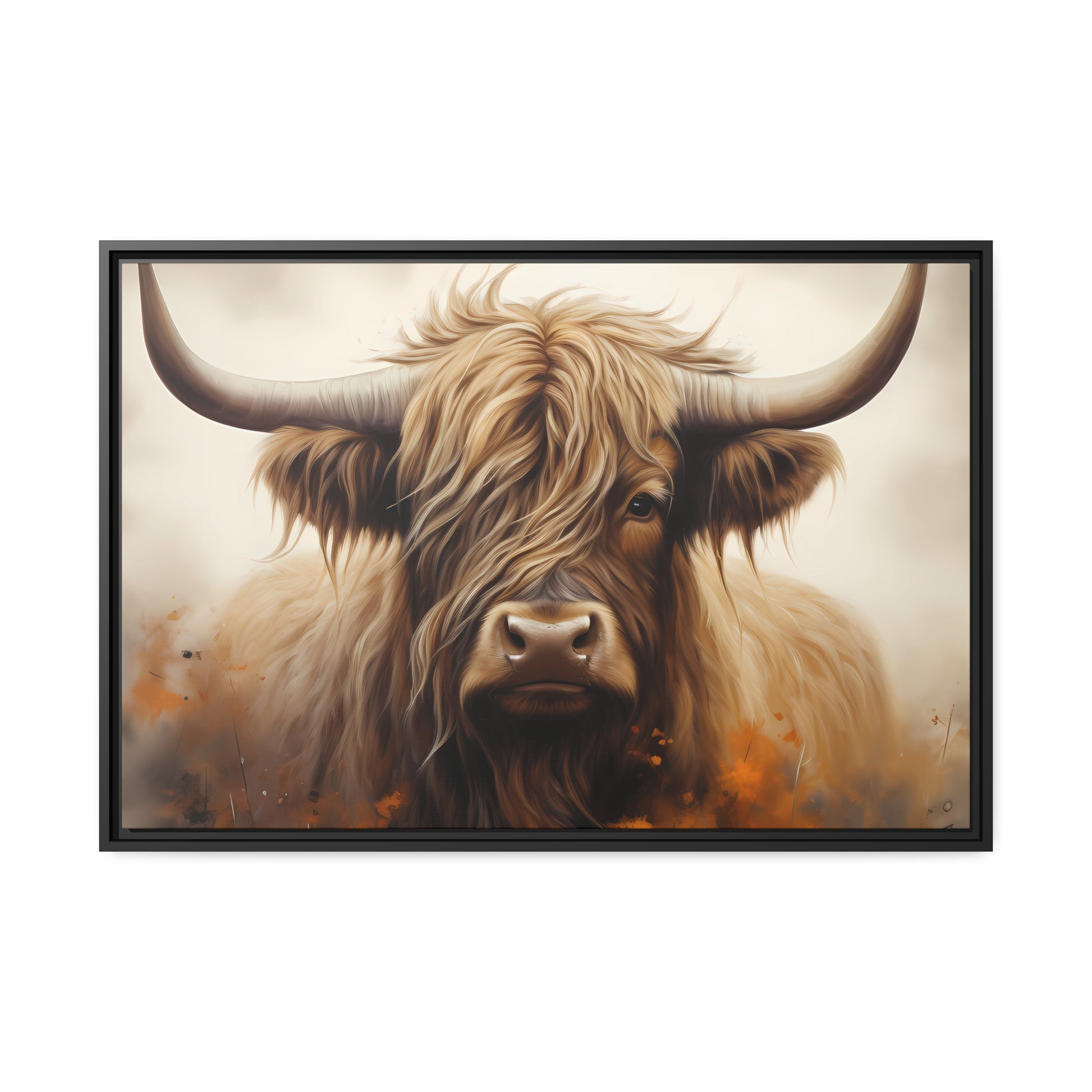 Framed Canvas Artwork Strong Stunning Highlander Bull Warm Fiery Flames Emotional Stylish Bull Staring Into The Viewer Captivating Highly Detailed Painting Style Perfect To Warm Up A Homestead Or Country Home
