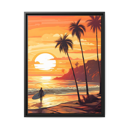 Framed Canvas Artwork Beach Ocean Surfing Warm Sunset Art Surfer Walking Up The Beach Holding Surfboard Palm Tree Silhouettes Sets The Tone Floating Frame Canvas Artwork