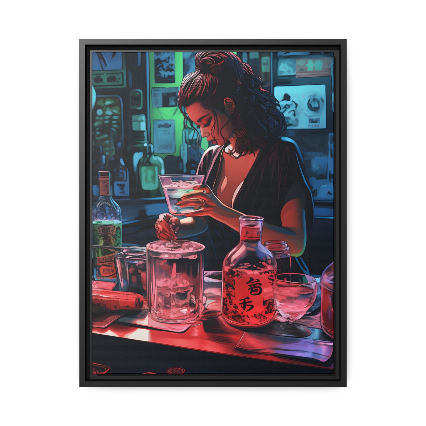 Framed Canvas artwork Japanese Manga Style Bar/Night Life Art Attractive Young Bartender Mixing Drinks In A Busy Neon Lit Bar Framed Canvas Painting Alcohol Art