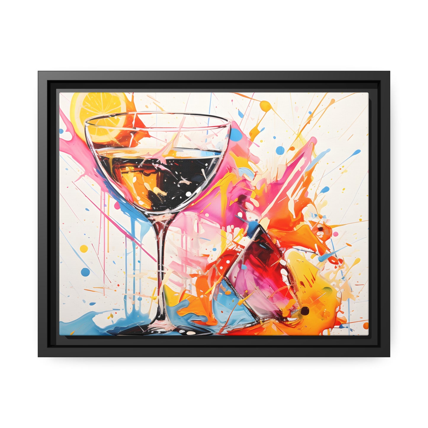 Framed Canvas Artwork Bright Vibrant Splashes Of Color Over A White Background Surrounding A Glass Of Liqour Alcohol Lemon Slice Floating Frame Canvas Artwork