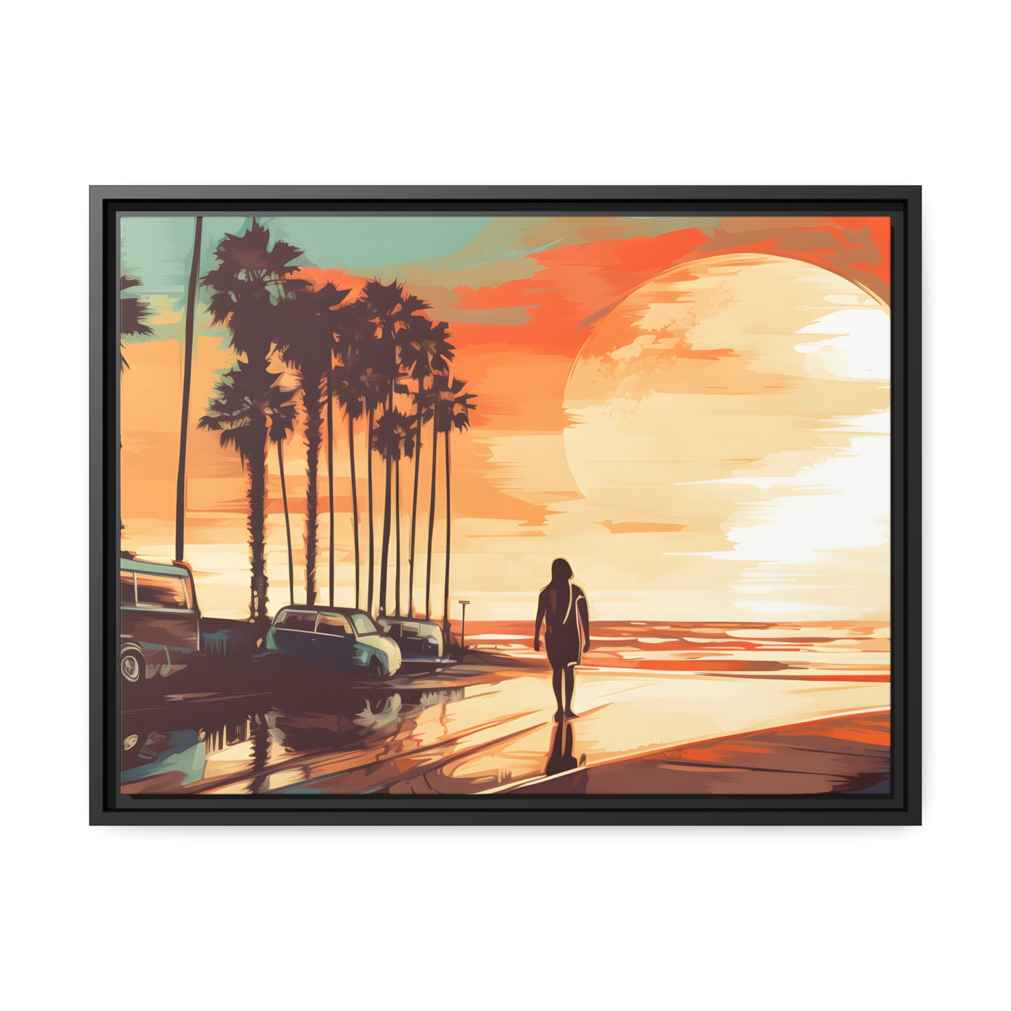 Framed Canvas artwork sunset watercolor oceanside framed painting Warm Colors Vintage Cars And A Large Sun Setting Into The Horizon Floating Canvas Framed Artwork