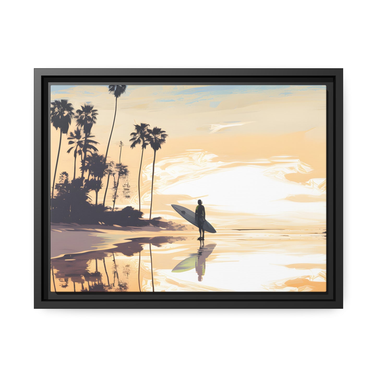 Framed Canvas Artwork Beach Ocean Surfing Warm Sun Set Art Surfer On Beach Holding Surfboard Palm Tree Silhouettes Perfect Mood Enhancer Floating Frame Canvas Artwork