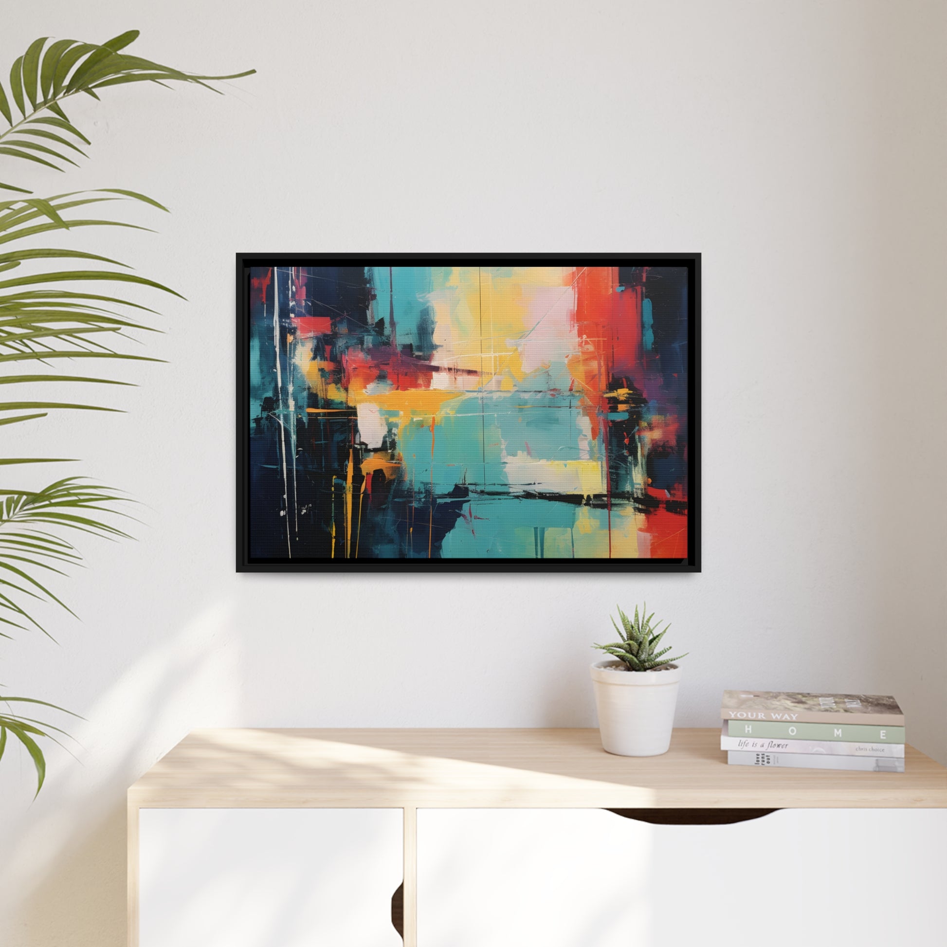 Framed Canvas Abstract Artwork Oil Painting Style Abstract Art Vibrant Colors And Random Shapes Leaving It Open For Interpretation Framed Canvas Nature