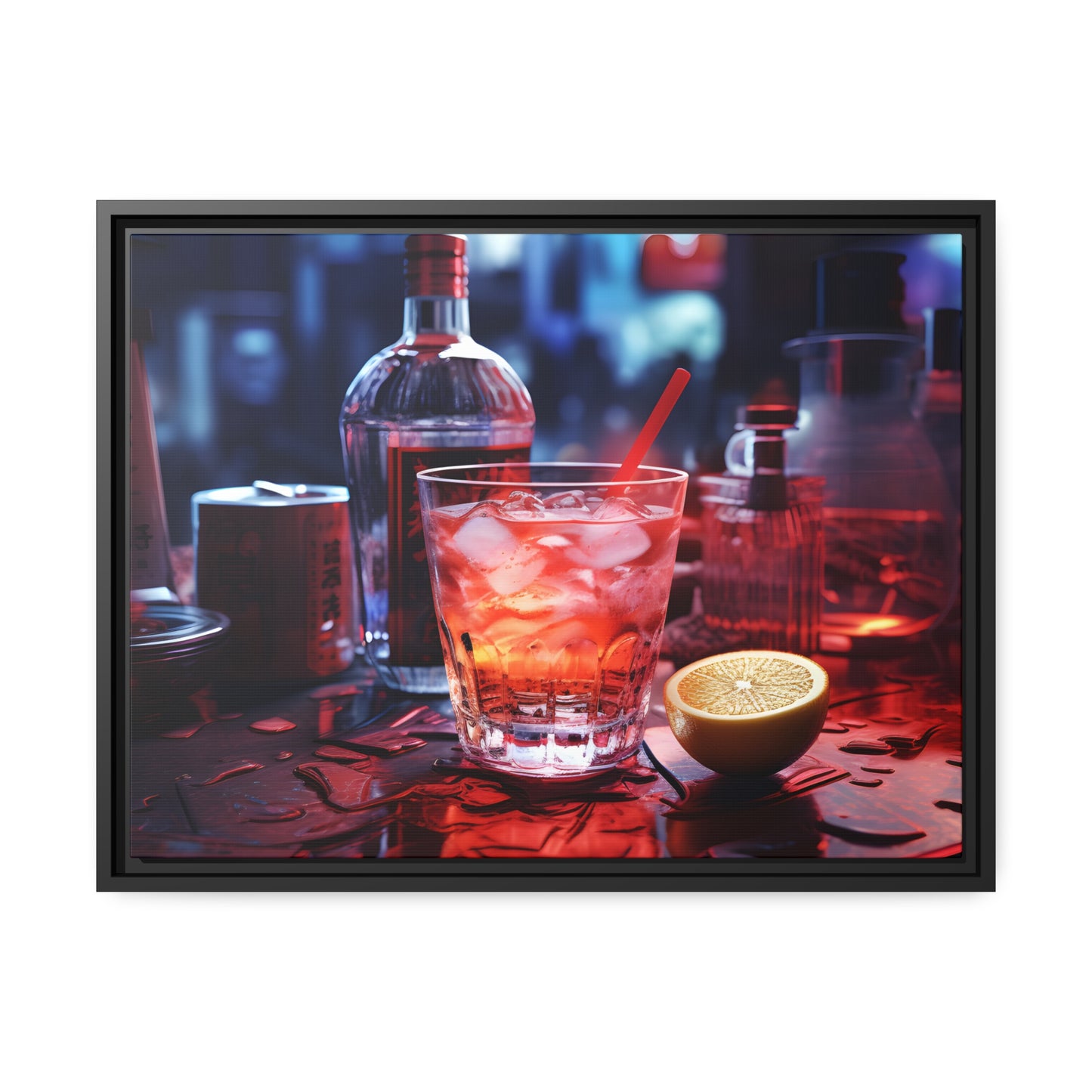 Framed Canvas Artwork Alcohol And Night Life Bar Art Floating Frame Canvas Neon Light Bar Artwork