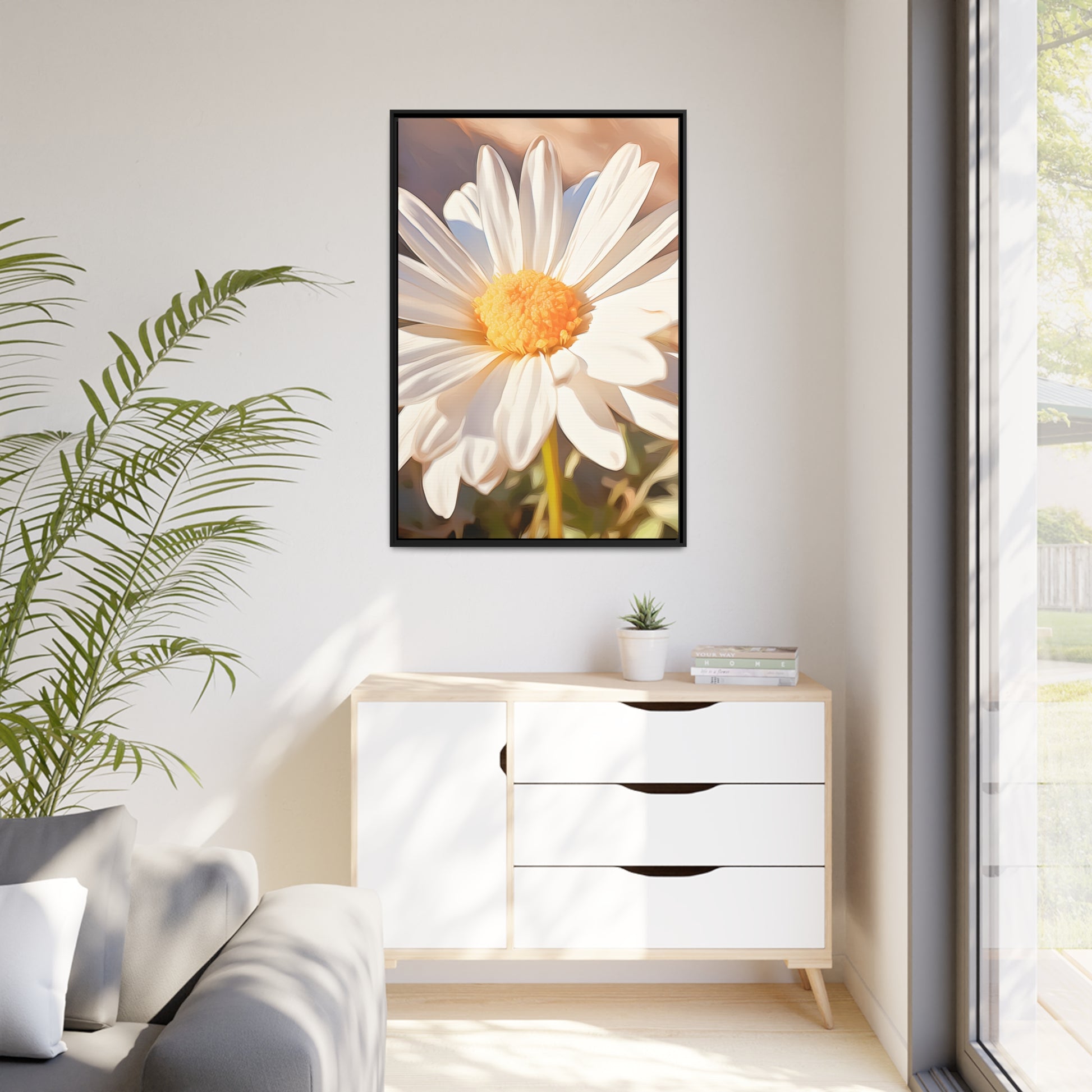 Framed Canvas Nature Inspired Artwork Stunning Sunlit Daisy Blooming Oil Painting Style