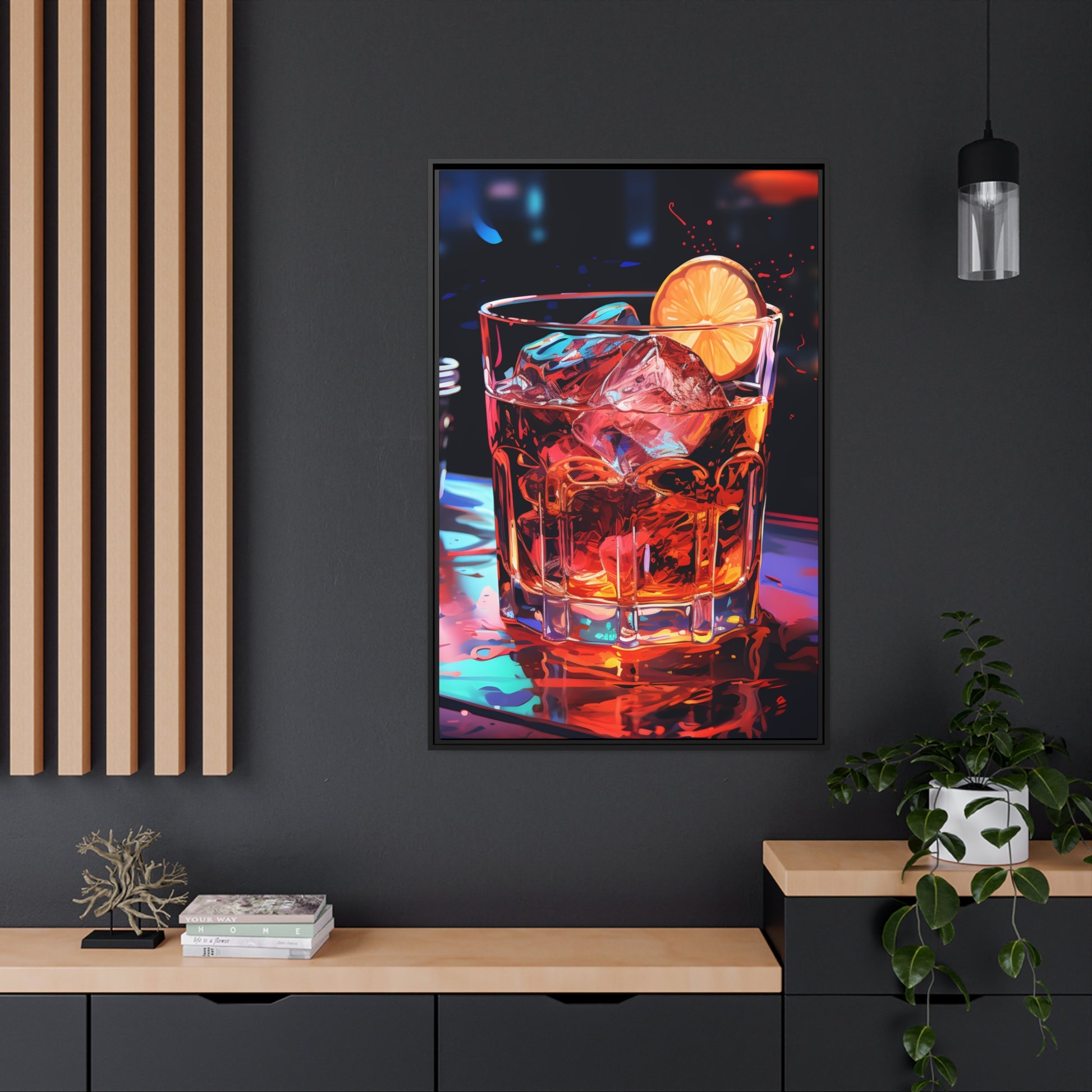 Framed Canvas Artwork Alcohol And Night Life Bar Art Alcoholic Drink With Ice And Lemon Slice Floating Frame Canvas Neon Light Bar Artwork