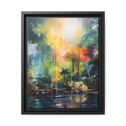 Framed Canvas Abstract Artwork Bright Vibrant Colorful Rainbow Jungle Behind A Pond Oil Painting Style Abstract Art Framed Canvas Nature