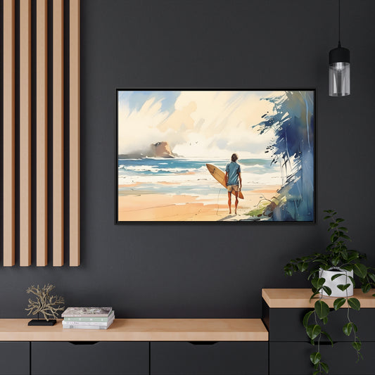 Framed Canvas Artwork Beach Ocean Surfing Art Surfer Looking Out Over The Waves Seeking The Perfect Spot Floating Frame Canvas Artwork