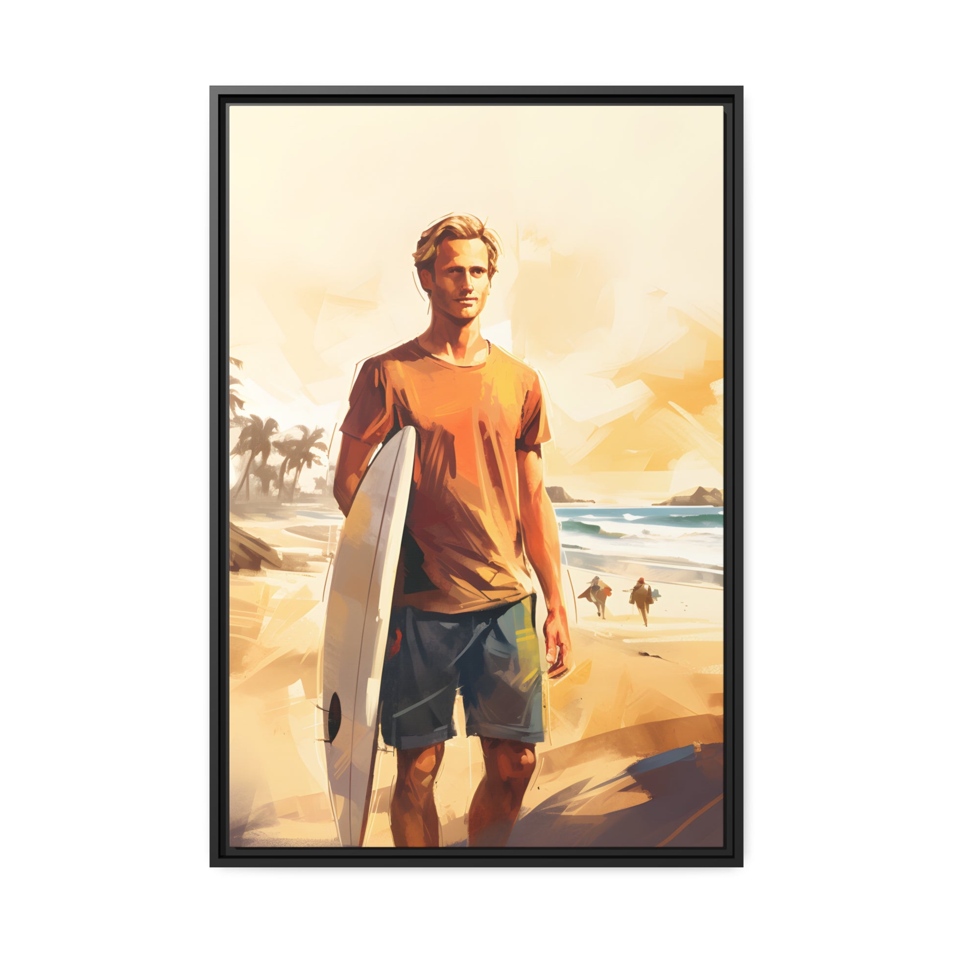 Framed Canvas Artwork Beach Ocean Surfing Art Surfer Walking Up The Beach With Surfboard Floating Frame Canvas Artwork