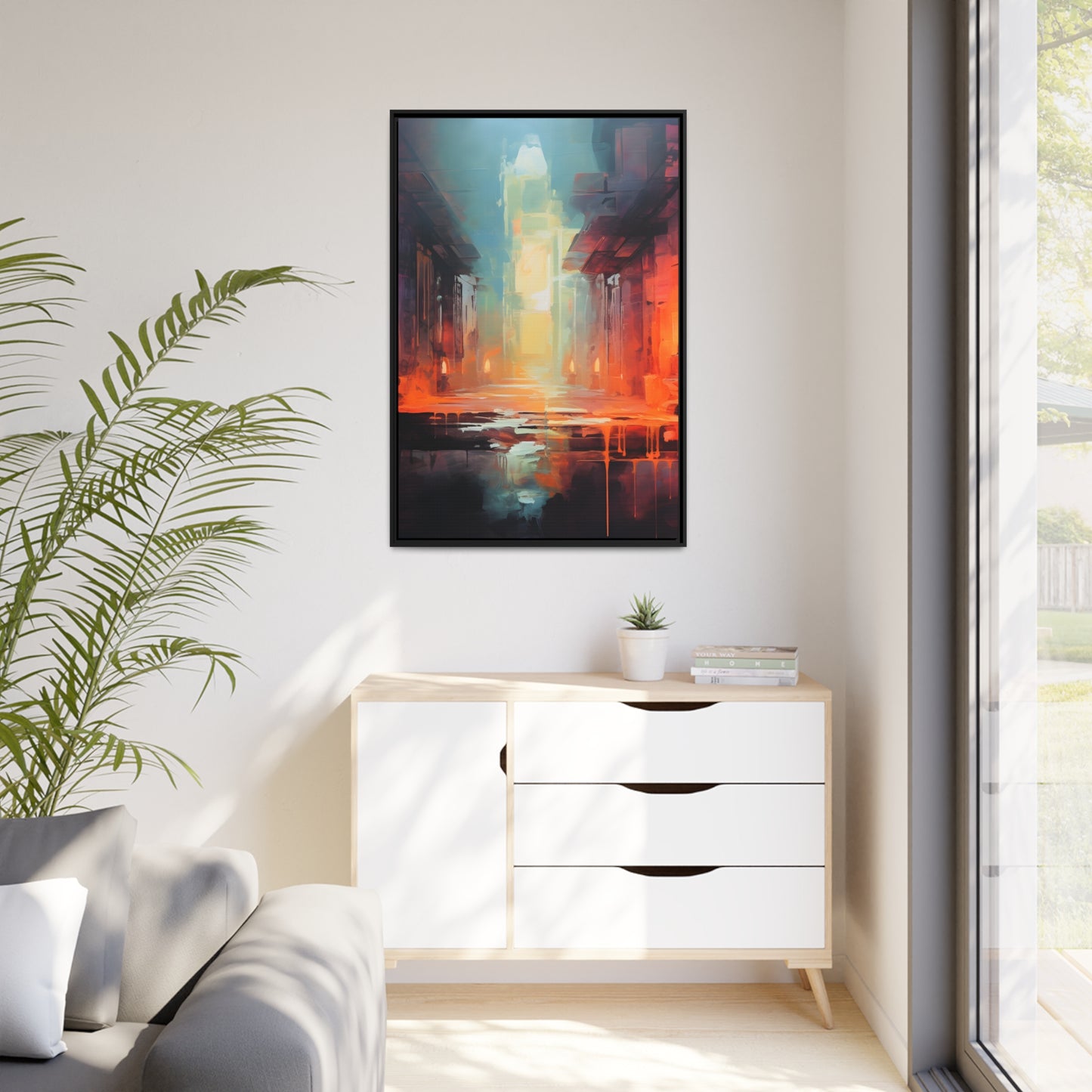 Framed Canvas Abstract artwork Vibrant Art Framed Oil Painting Style Stone Surroundings Lit By Candle Light Overall Ancient Feel Surrounded By Stone Abstract Art