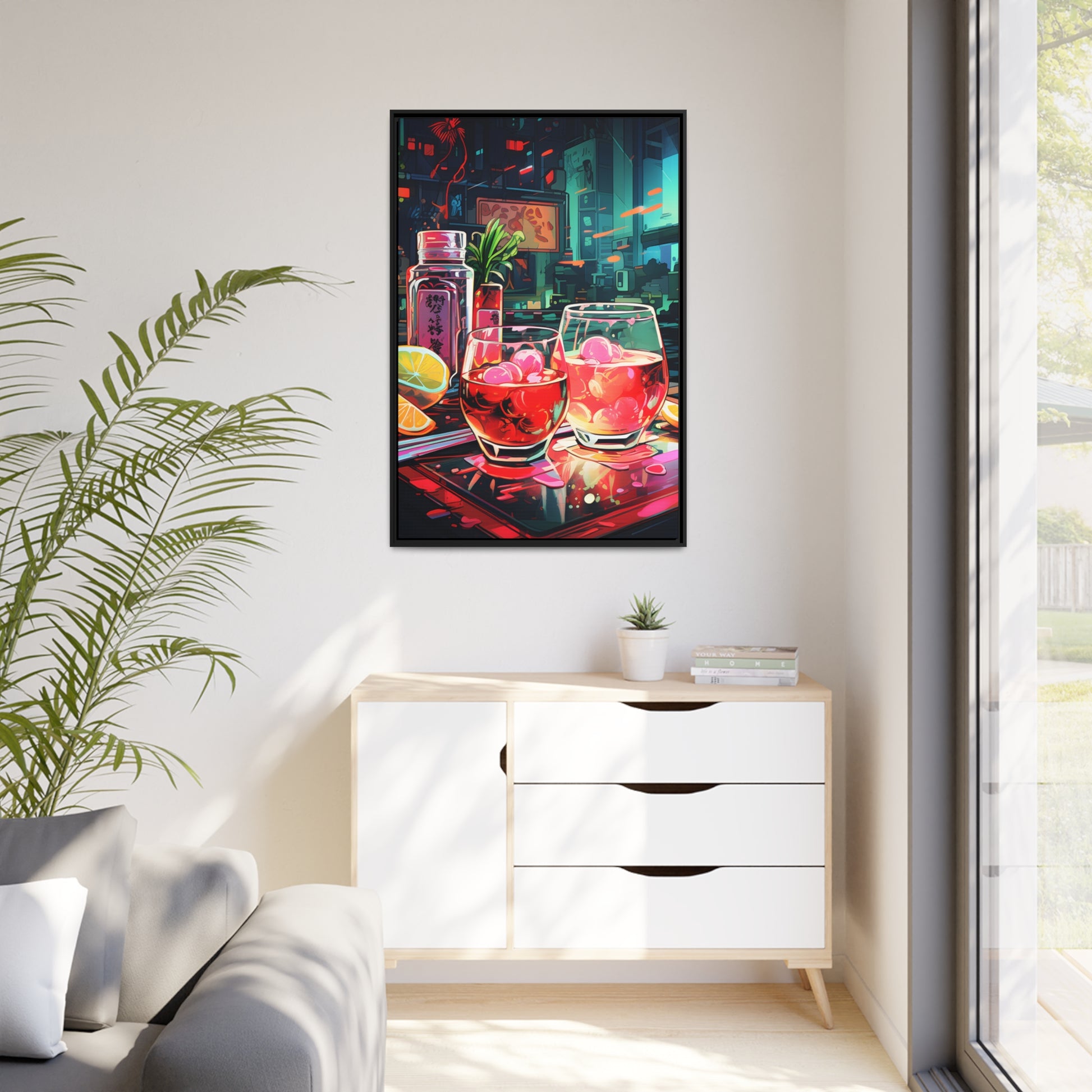 Framed Canvas Artwork Japanese Manga Style Alcohol And Night Life Bar Art Alcoholic Drink With Ice And Lemon Slice Floating Frame Canvas Neon Light Bar Artwork Urban Setting Lifestyle