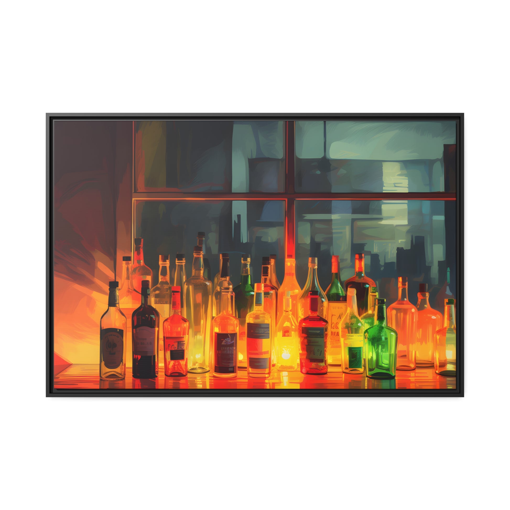 Framed Canvas Artwork Alcohol Bar Night Life Vibrant Colorful Well Lit Bar With Alcohol Bottles Lined Up Party Drinking Lifestyle Floating Frame Canvas 