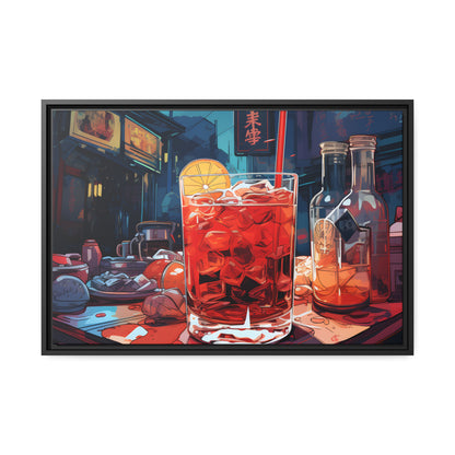 Framed Canvas Artwork Japanese Manga Style Alcohol And Night Life Bar Art Alcoholic Drink With Ice And Lemon Slice Floating Frame Canvas Neon Light Bar Artwork