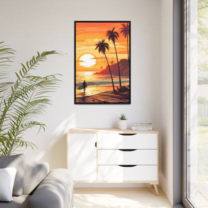 Framed Canvas Artwork Beach Ocean Surfing Warm Sunset Art Surfer Walking Up The Beach Holding Surfboard Palm Tree Silhouettes Sets The Tone Floating Frame Canvas Artwork