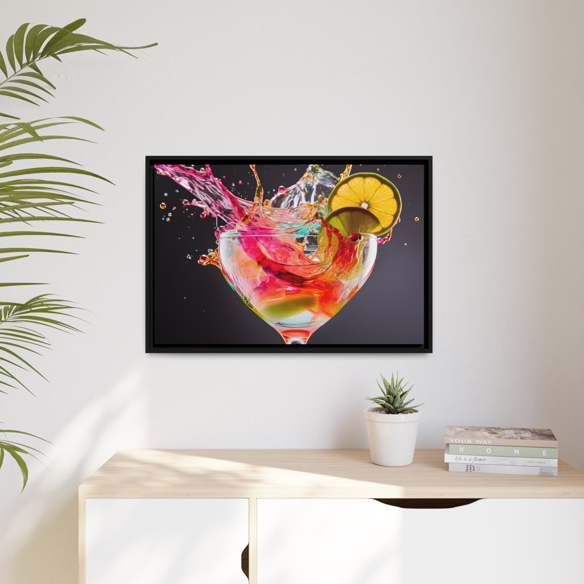 Framed Canvas artwork Bright Colorful Cocktail Splashing Out Of The Glass Framed Canvas Painting Alcohol Art