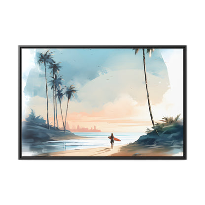 Framed Canvas Artwork Beach Ocean Surfing Warm Sun Set Art Surfer On Beach Holding Surfboard And Palm Tree Silhouettes Water Color Style City In Background Impressive Beach Scene Floating Frame Canvas Artwork