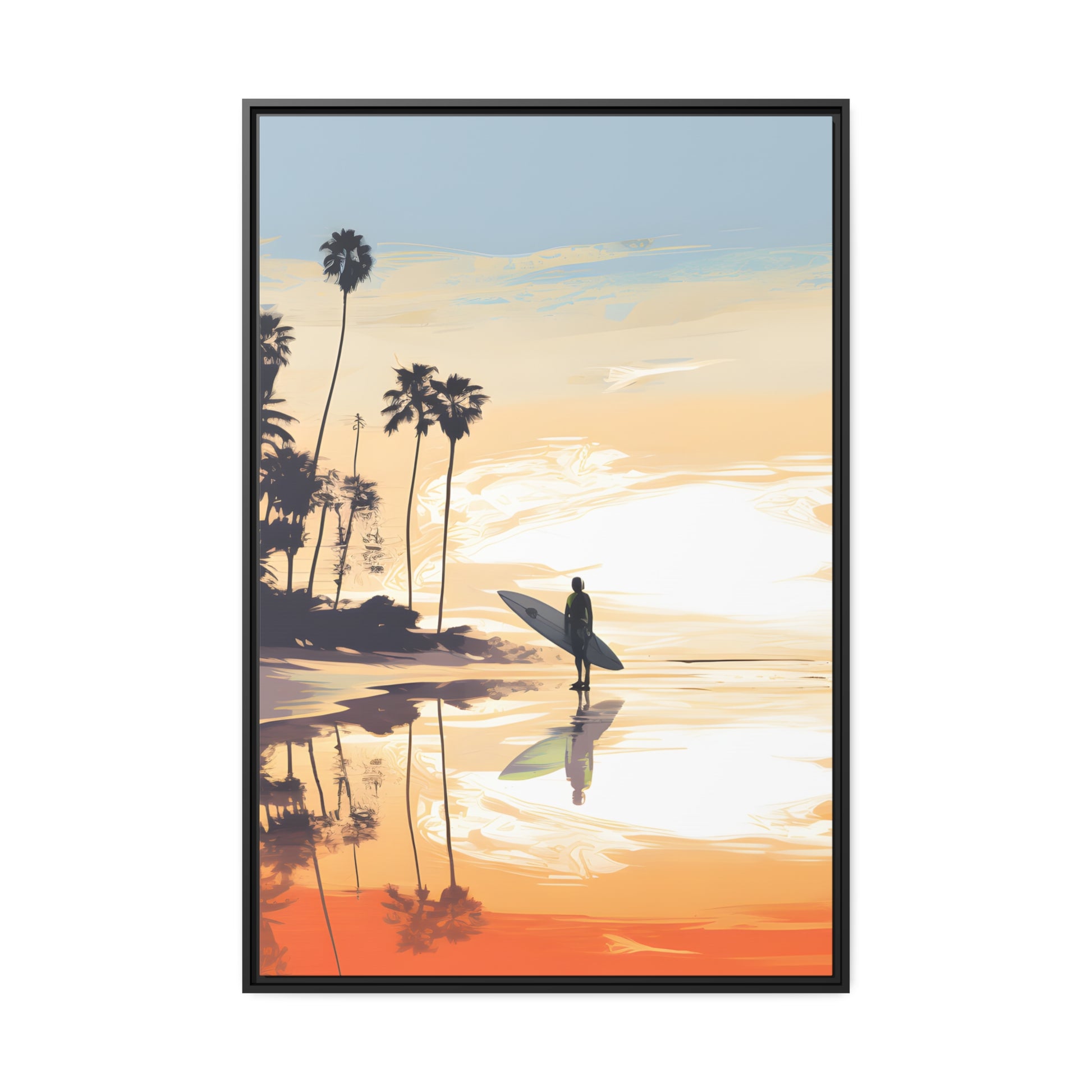 Framed Canvas Artwork Beach Ocean Surfing Warm Sun Set Art Surfer On Beach Holding Surfboard And Palm Tree Silhouettes Floating Frame Canvas Artwork