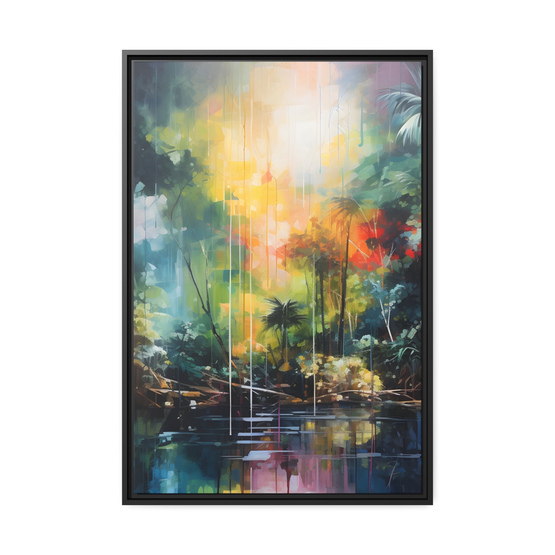 Framed Canvas Abstract Artwork Bright Vibrant Colorful Rainbow Jungle Behind A Pond Oil Painting Style Abstract Art Framed Canvas Nature