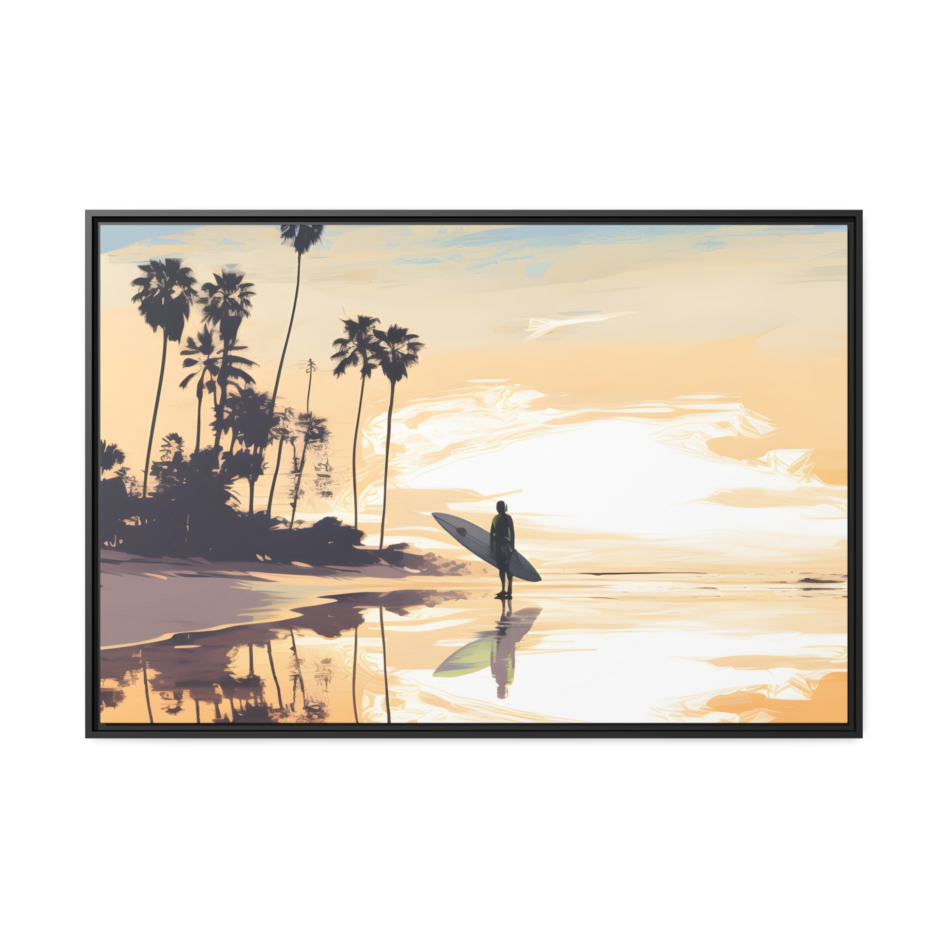 Framed Canvas Artwork Beach Ocean Surfing Warm Sun Set Art Surfer On Beach Holding Surfboard Palm Tree Silhouettes Perfect Mood Enhancer Floating Frame Canvas Artwork