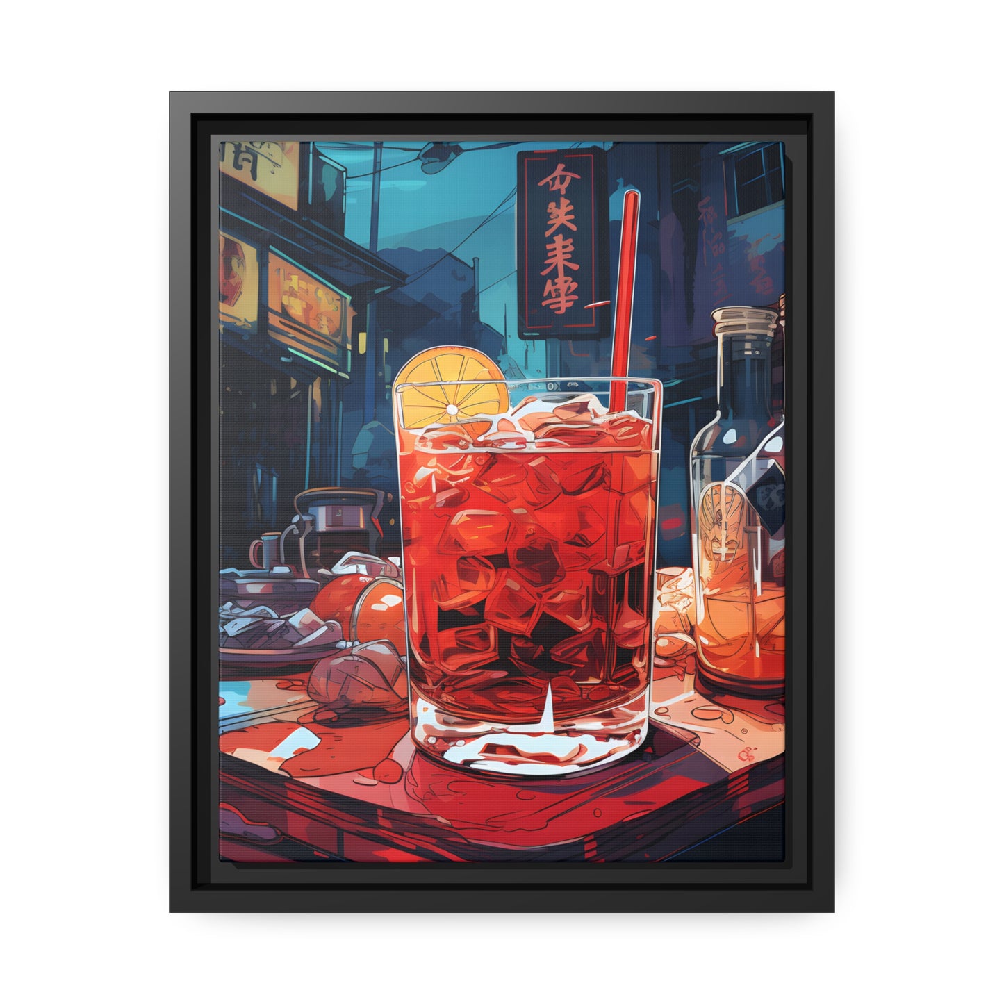 Framed Canvas Artwork Japanese Manga Style Alcohol And Night Life Bar Art Alcoholic Drink With Ice And Lemon Slice Floating Frame Canvas Neon Light Bar Artwork
