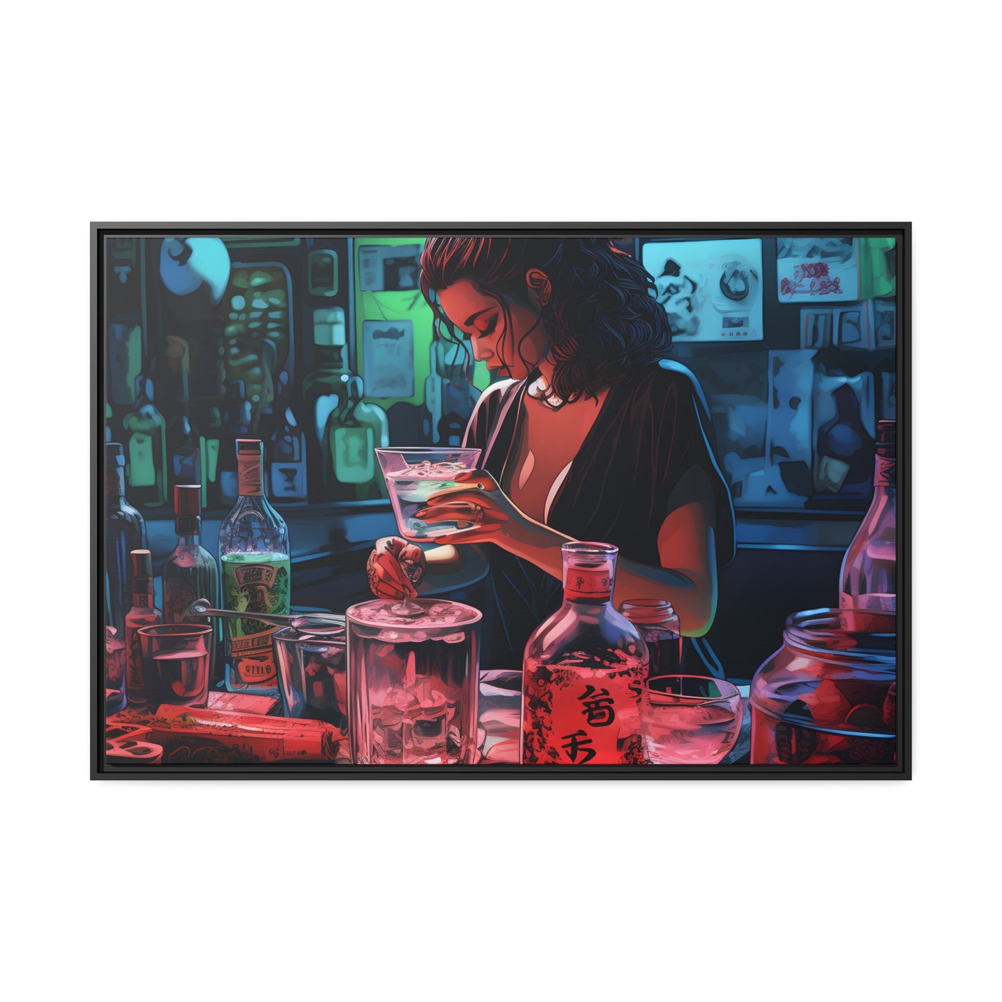 Framed Canvas artwork Japanese Manga Style Bar/Night Life Art Attractive Young Bartender Mixing Drinks In A Busy Neon Lit Bar Framed Canvas Painting Alcohol Art