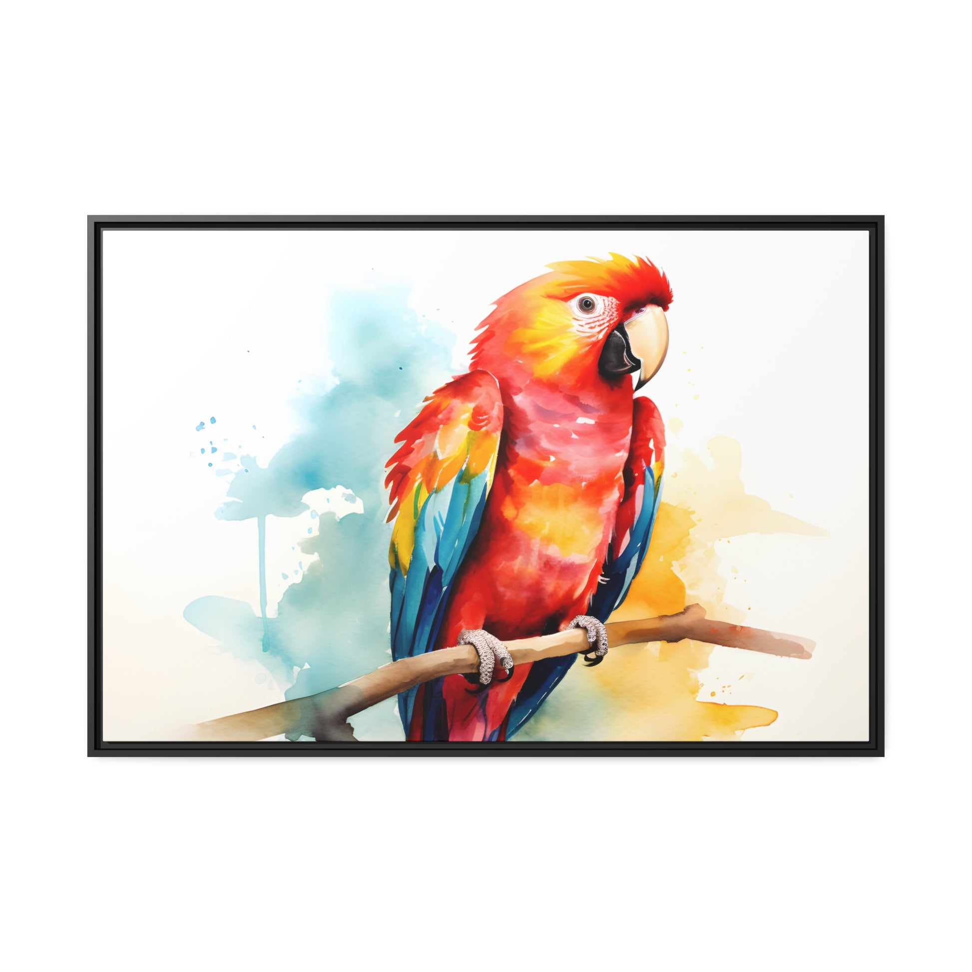 Framed Canvas Artwork Bright Red Parrot With Rainbow Wings Perched On A Tree Branch Nature Influenced Water Color Painting Style