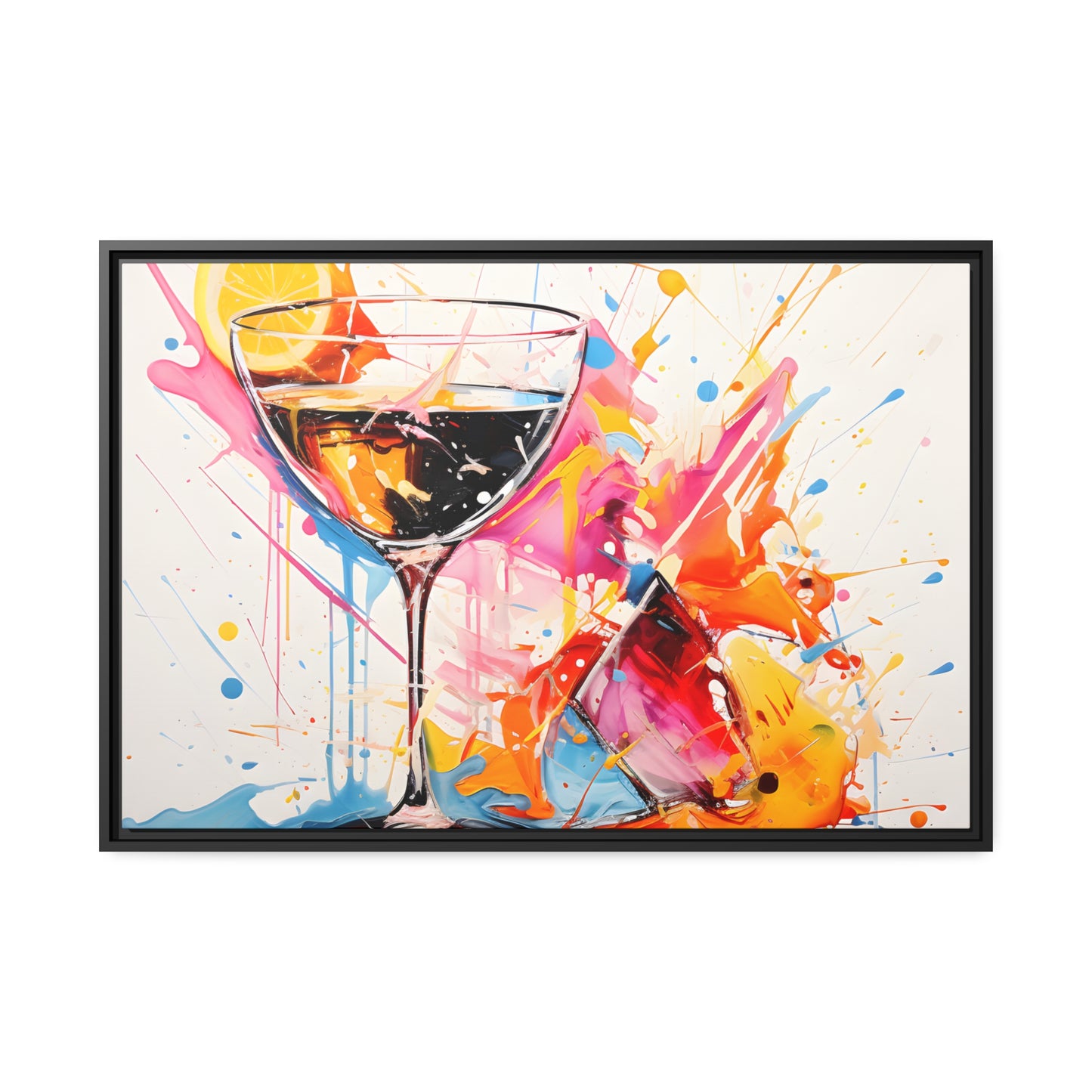 Framed Canvas Artwork Bright Vibrant Splashes Of Color Over A White Background Surrounding A Glass Of Liqour Alcohol Lemon Slice Floating Frame Canvas Artwork