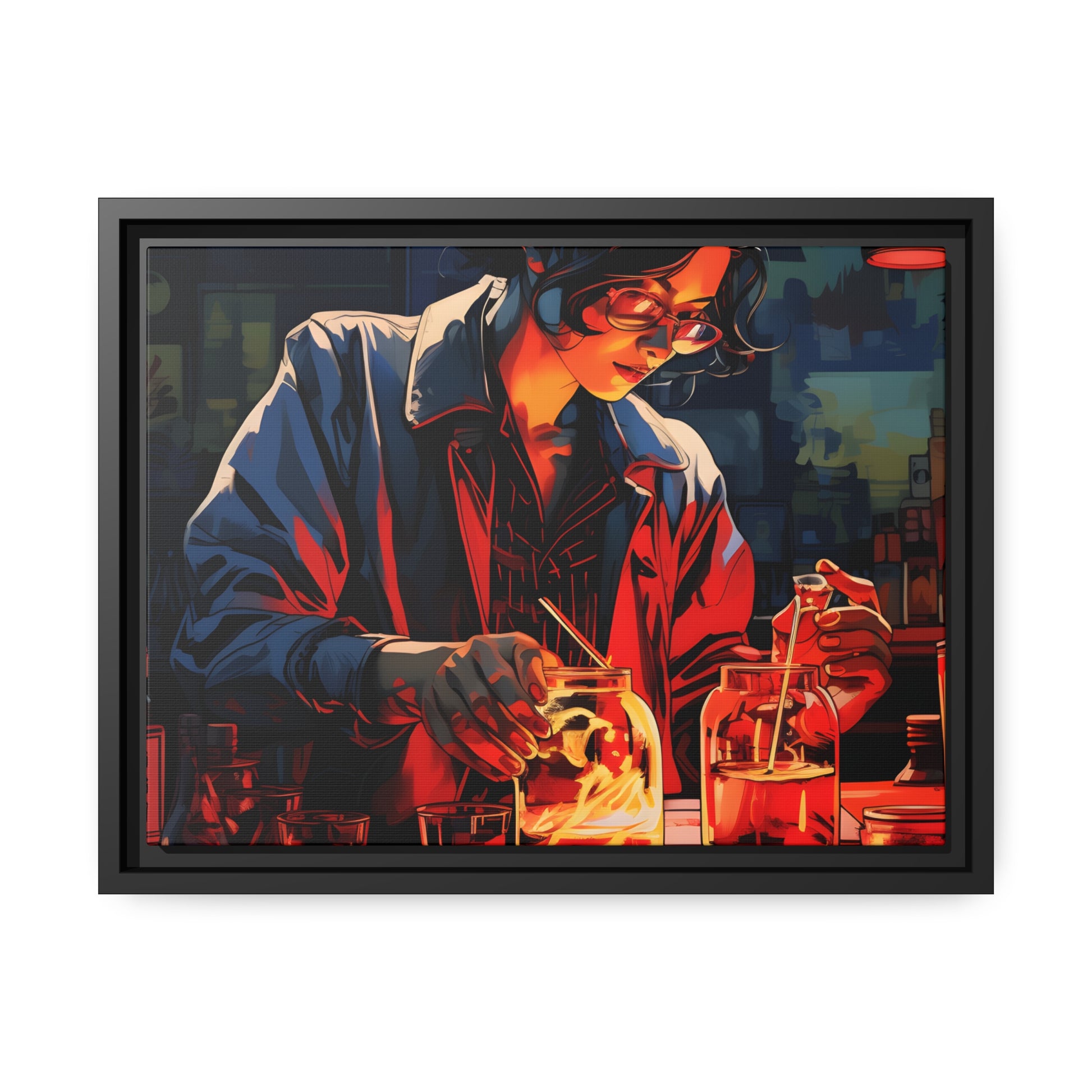 Framed Canvas artwork Bar/Night Life Art Attractive Bartender Mixing Drinks In A Neon Lit Bar Framed Canvas Painting Alcohol Art