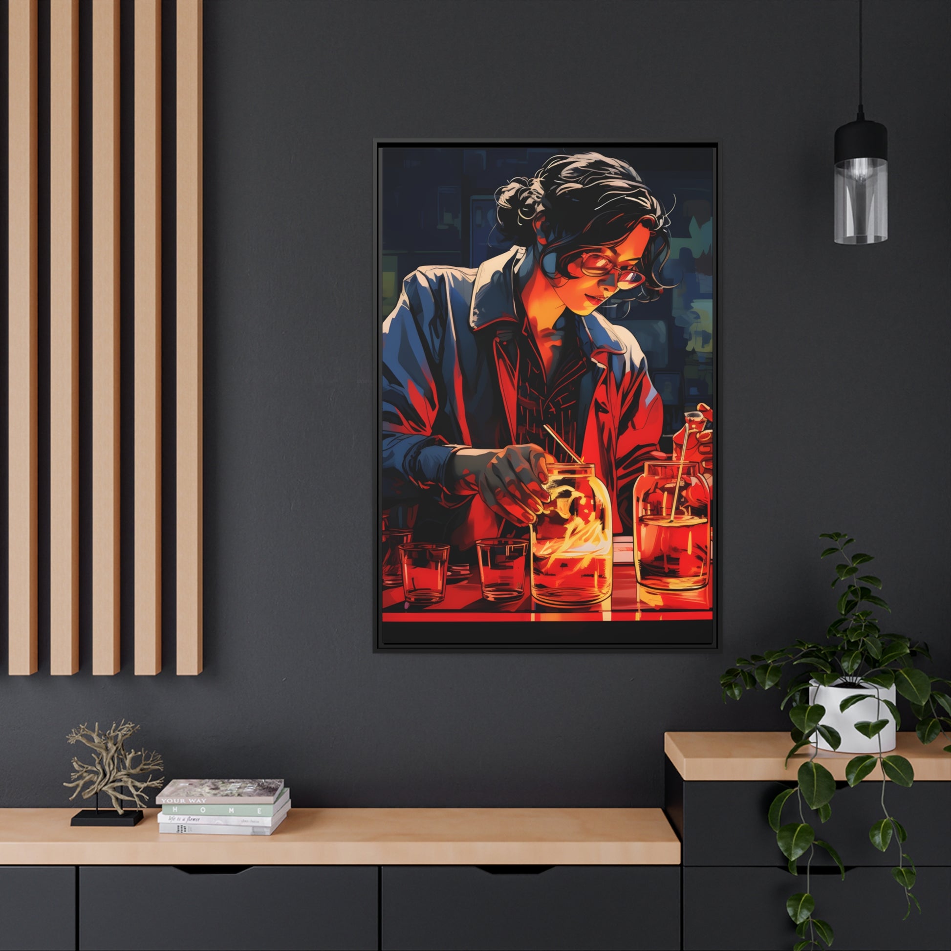 Framed Canvas artwork Bar/Night Life Art Attractive Bartender Mixing Drinks In A Neon Lit Bar Framed Canvas Painting Alcohol Art