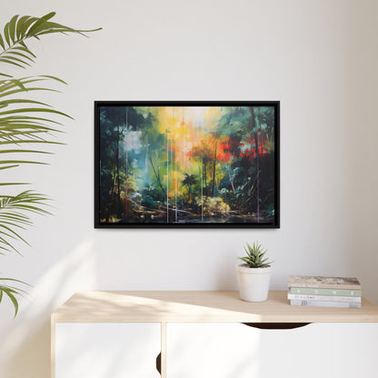 Framed Canvas Abstract Artwork Bright Vibrant Colorful Rainbow Jungle Behind A Pond Oil Painting Style Abstract Art Framed Canvas Nature