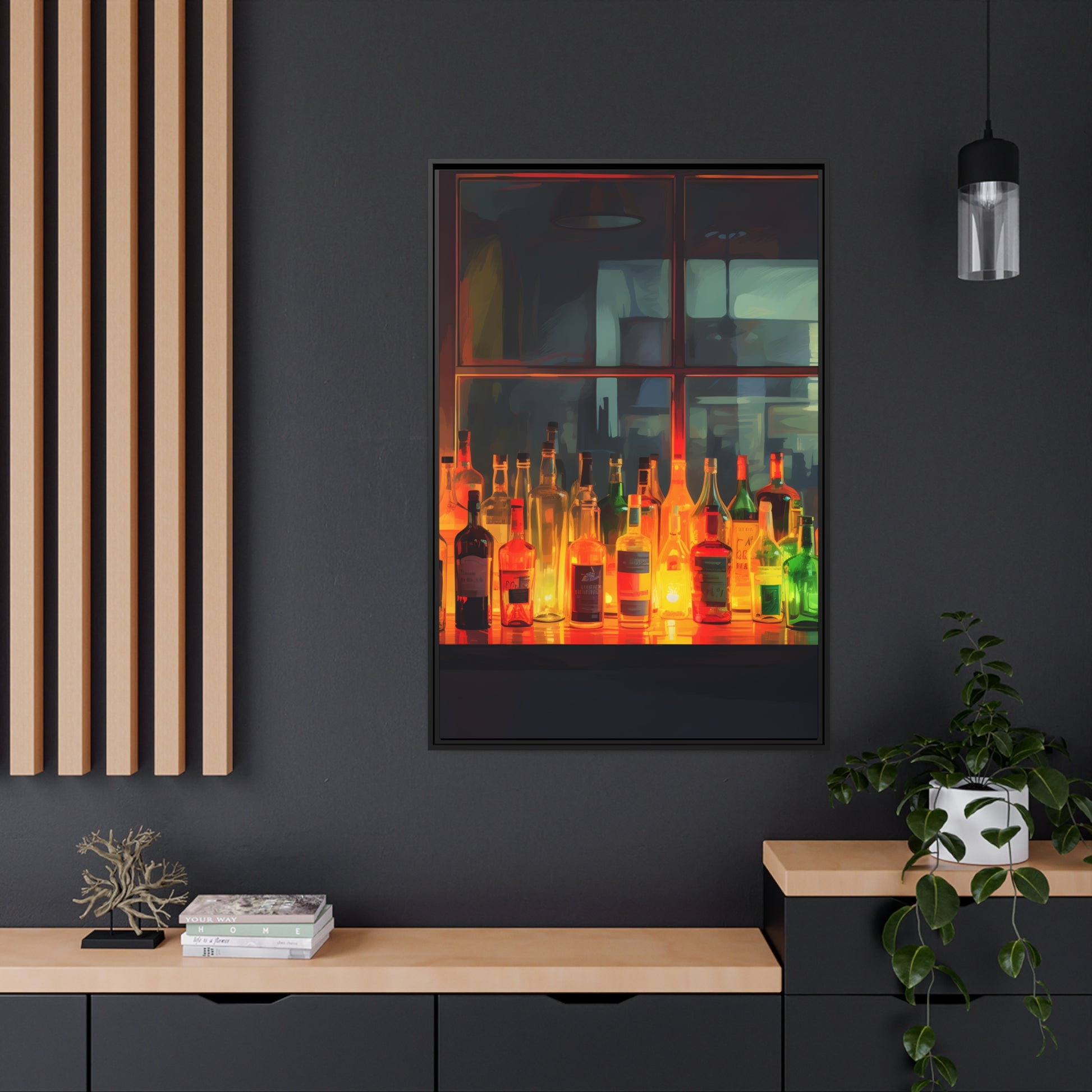 Framed Canvas Artwork Alcohol Bar Night Life Vibrant Colorful Well Lit Bar With Alcohol Bottles Lined UpParty Drinking Lifestyle Floating Frame Canvas 