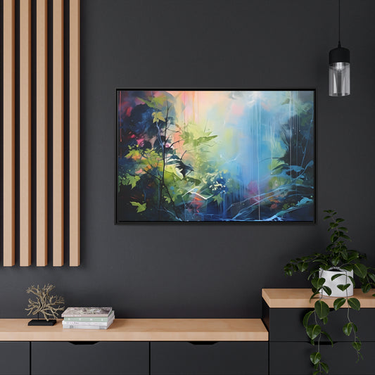 Framed Canvas Abstract Artwork Bright Vibrant Colorful Jungle And Stream Of Water Oil Painting Style Abstract Art Framed Canvas Nature