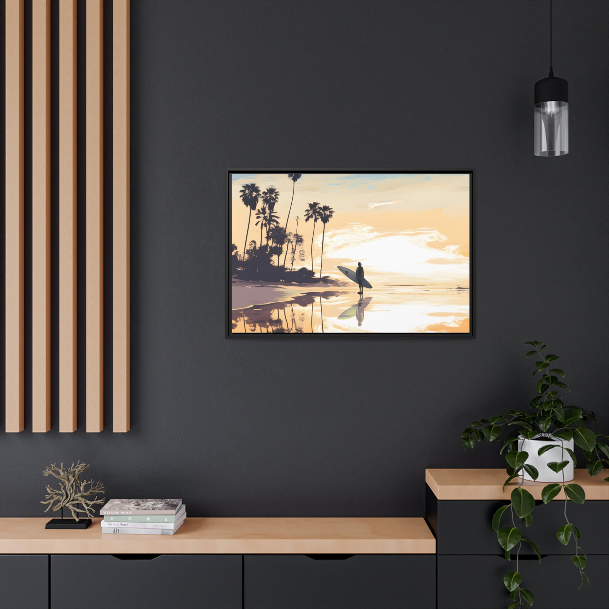 Framed Canvas Artwork Beach Ocean Surfing Warm Sun Set Art Surfer On Beach Holding Surfboard Palm Tree Silhouettes Perfect Mood Enhancer Floating Frame Canvas Artwork