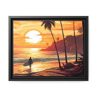 Framed Canvas Artwork Beach Ocean Surfing Warm Sunset Art Surfer Walking Up The Beach Holding Surfboard Palm Tree Silhouettes Sets The Tone Floating Frame Canvas Artwork