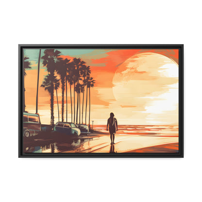 Framed Canvas artwork sunset watercolor oceanside framed painting Warm Colors Vintage Cars And A Large Sun Setting Into The Horizon Floating Canvas Framed Artwork