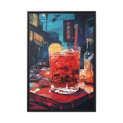 Framed Canvas Artwork Japanese Manga Style Alcohol And Night Life Bar Art Alcoholic Drink With Ice And Lemon Slice Floating Frame Canvas Neon Light Bar Artwork