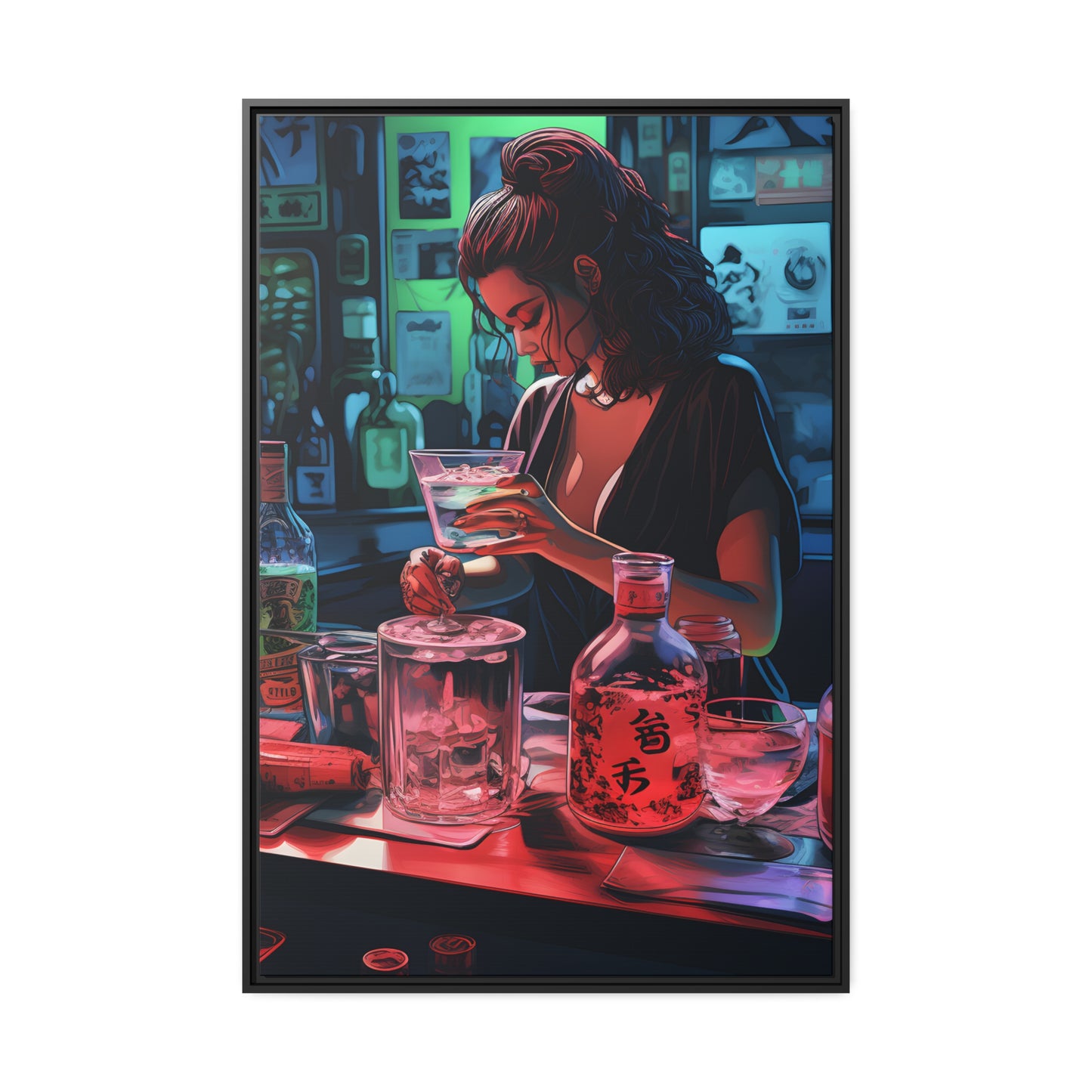 Framed Canvas artwork Japanese Manga Style Bar/Night Life Art Attractive Young Bartender Mixing Drinks In A Busy Neon Lit Bar Framed Canvas Painting Alcohol Art