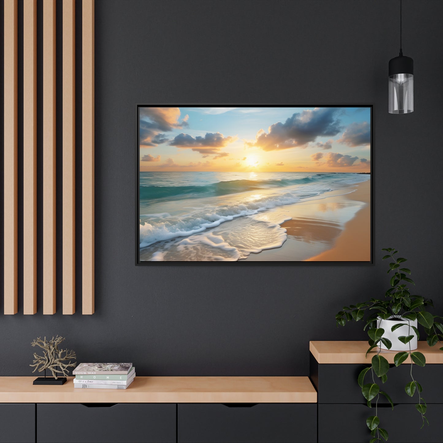 Framed Canvas Artwork Beach Ocean Waves Sunset Floating Frame Canvas Artwork