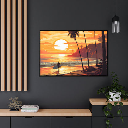 Framed Canvas Artwork Beach Ocean Surfing Warm Sunset Art Surfer Walking Up The Beach Holding Surfboard Palm Tree Silhouettes Sets The Tone Floating Frame Canvas Artwork