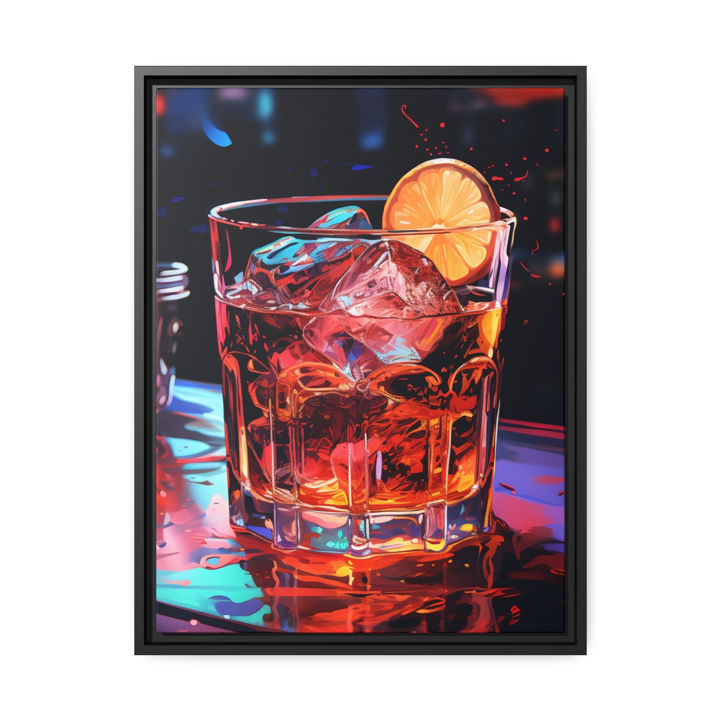 Framed Canvas Artwork Alcohol And Night Life Bar Art Alcoholic Drink With Ice And Lemon Slice Floating Frame Canvas Neon Light Bar Artwork