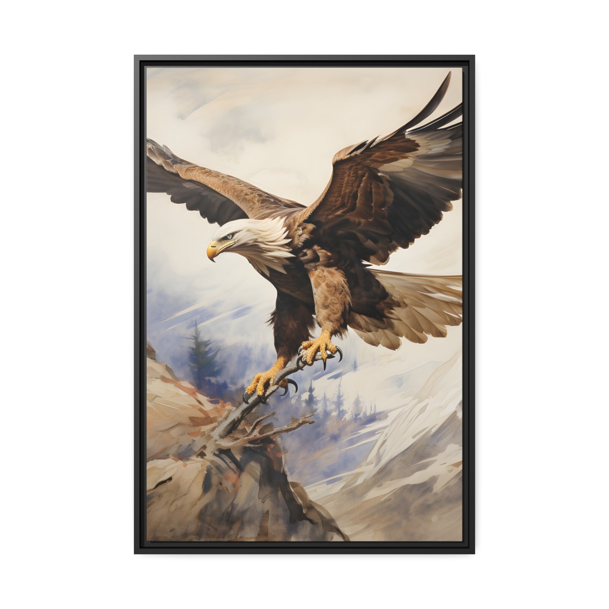 Framed Canvas Artwork Strong Soaring Bald Eagle Snowy Mountains Detailed Painting