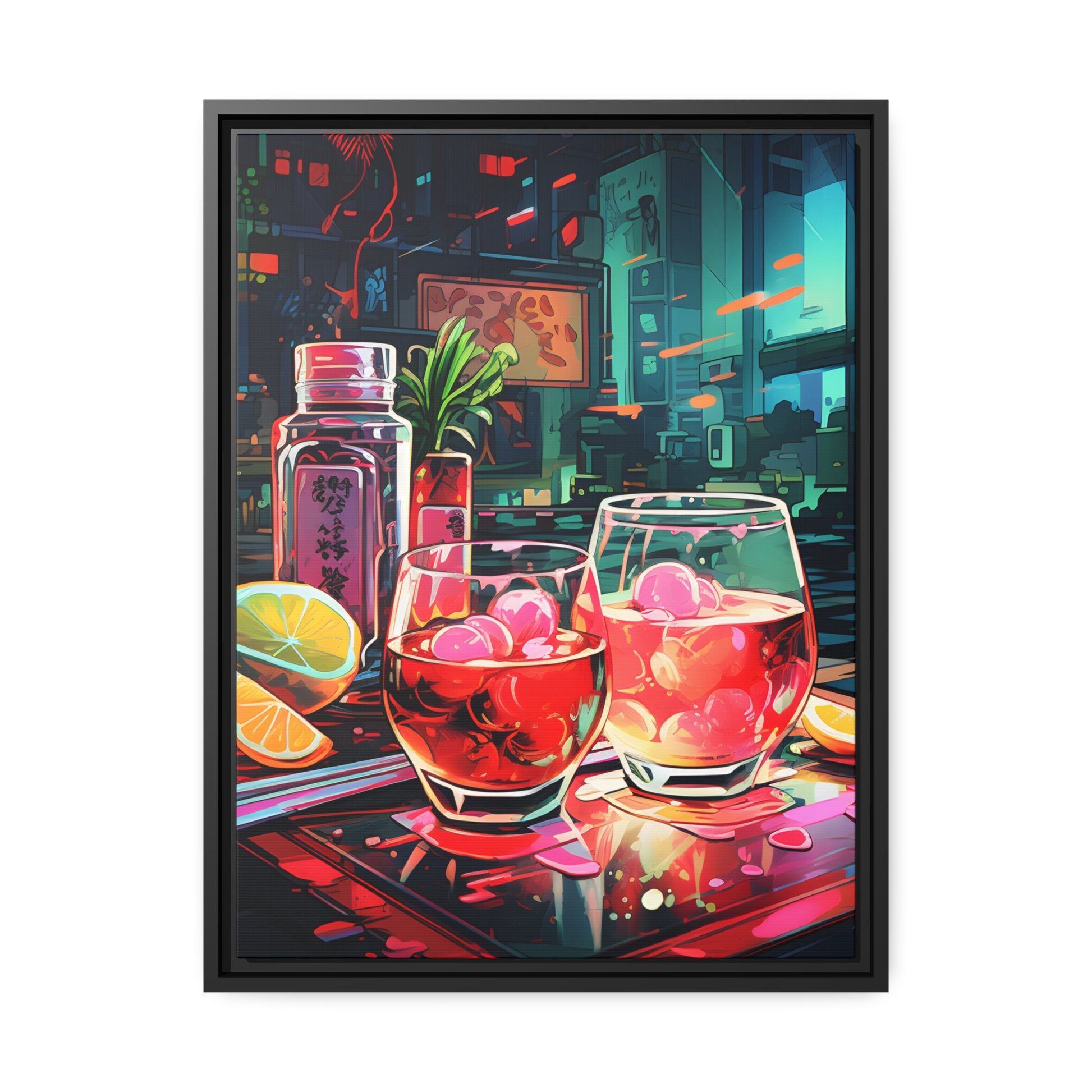 Framed Canvas Artwork Japanese Manga Style Alcohol And Night Life Bar Art Alcoholic Drink With Ice And Lemon Slice Floating Frame Canvas Neon Light Bar Artwork Urban Setting Lifestyle