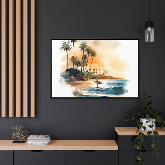 Framed Canvas Lifestyle/Ocean Side Artwork Stunning Watercolor Style Framed Painting Waves Palm Trees Sandy Beach Surfer Searching 