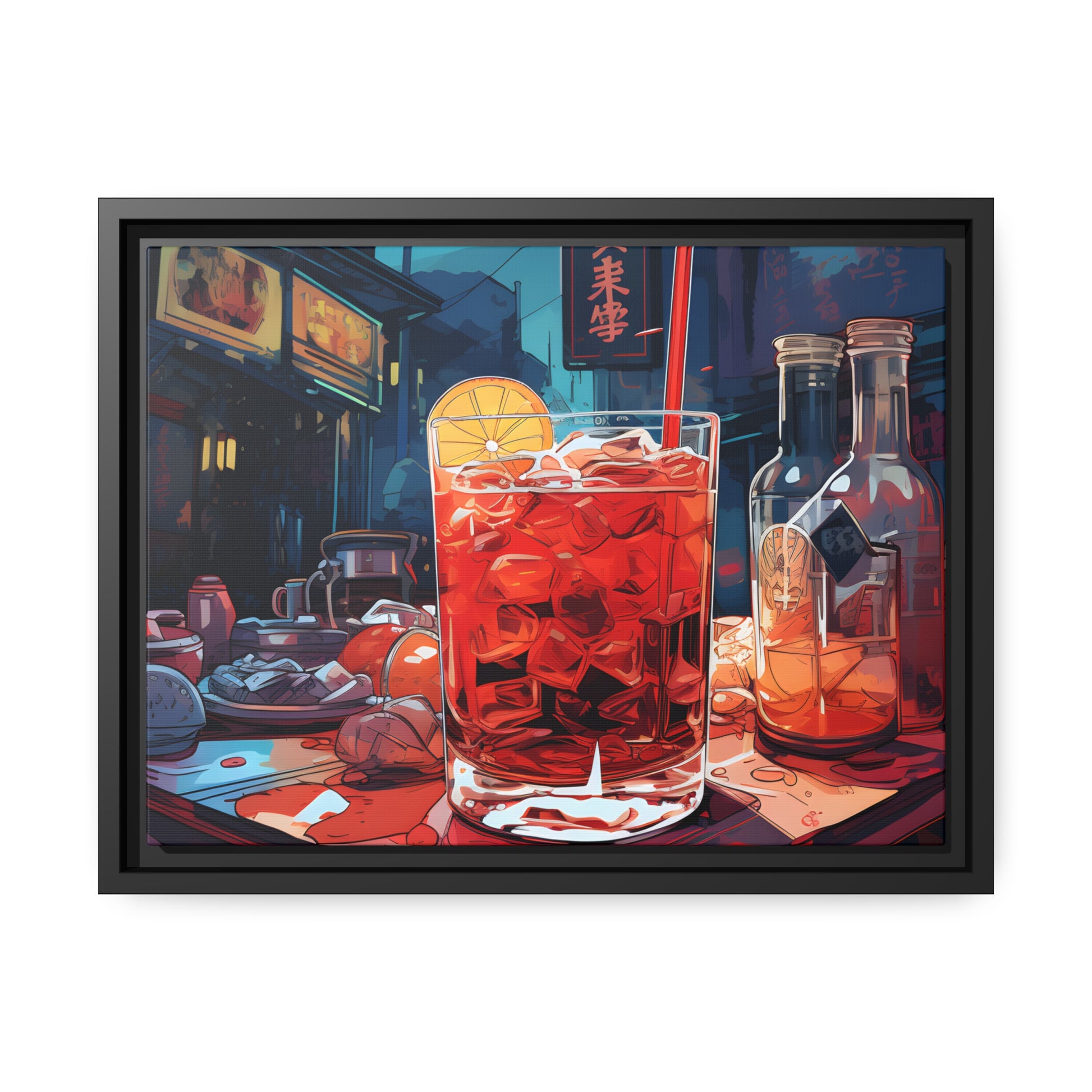 Framed Canvas Artwork Japanese Manga Style Alcohol And Night Life Bar Art Alcoholic Drink With Ice And Lemon Slice Floating Frame Canvas Neon Light Bar Artwork