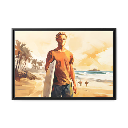 Framed Canvas Artwork Beach Ocean Surfing Art Surfer Walking Up The Beach With Surfboard Floating Frame Canvas Artwork