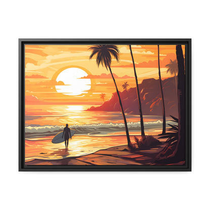 Framed Canvas Artwork Beach Ocean Surfing Warm Sunset Art Surfer Walking Up The Beach Holding Surfboard Palm Tree Silhouettes Sets The Tone Floating Frame Canvas Artwork