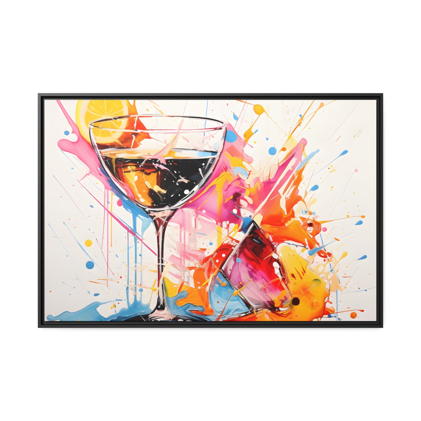 Framed Canvas Artwork Bright Vibrant Splashes Of Color Over A White Background Surrounding A Glass Of Liquor Alcohol Lemon Slice Floating Frame Canvas Artwork