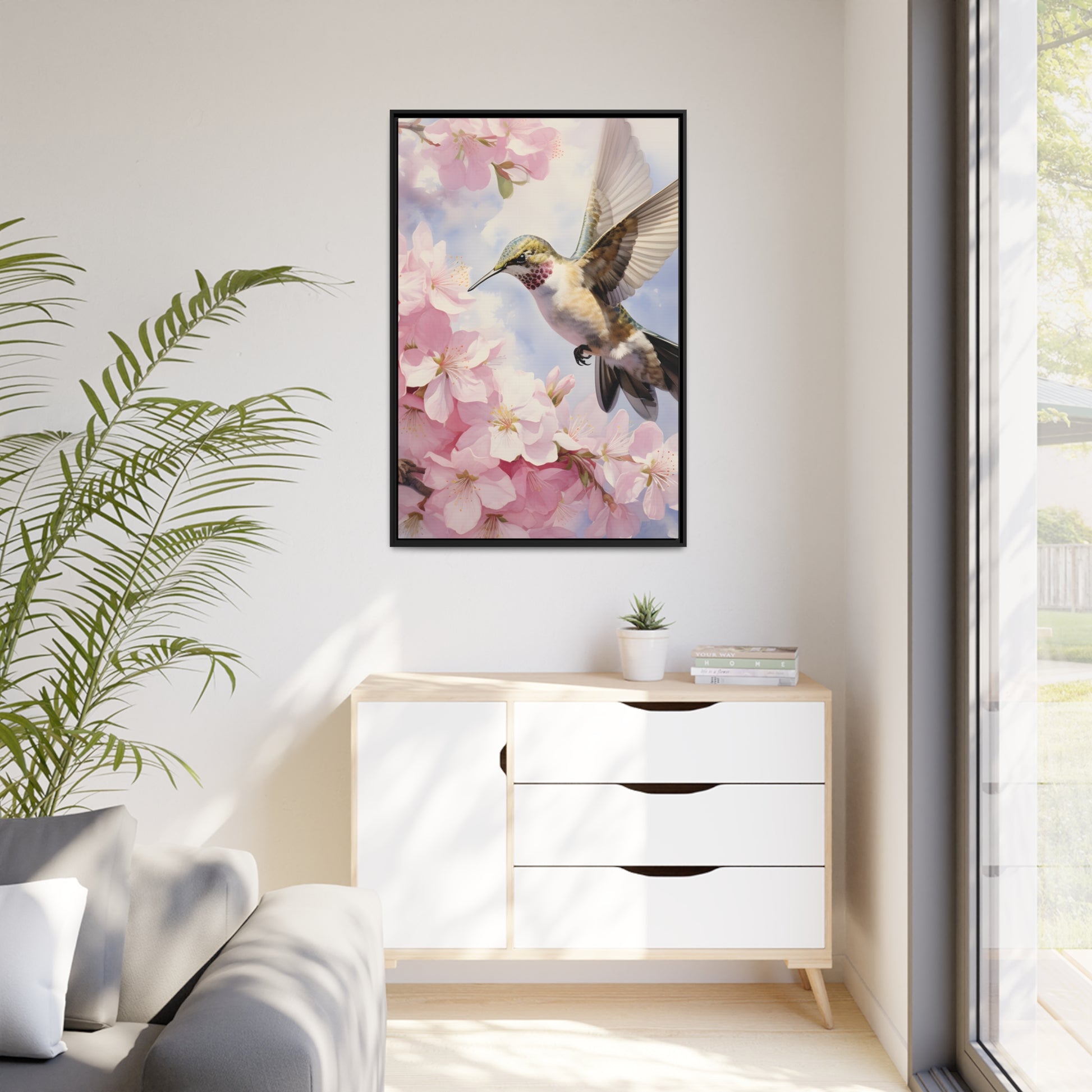 Framed Canvas Artwork Humming Bird Hovering Mid Air While Seeking Out Fresh Honey Amongst The Cherry Blossoms Framed Canvas Artwork