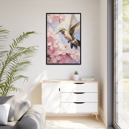 Framed Canvas Artwork Humming Bird Hovering Mid Air While Seeking Out Fresh Honey Amongst The Cherry Blossoms Framed Canvas Artwork