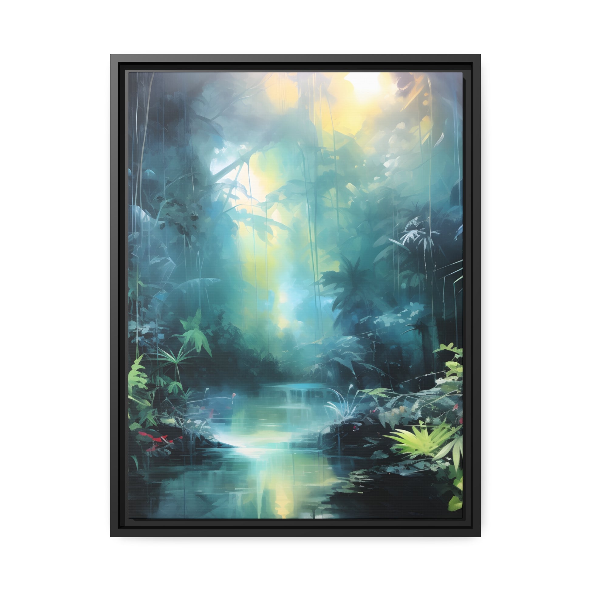 Framed Canvas Abstract Artwork Dense Misty Jungle And Stream Of Water Oil Painting Style Abstract Art Natural Conversation Starter Framed Canvas Nature